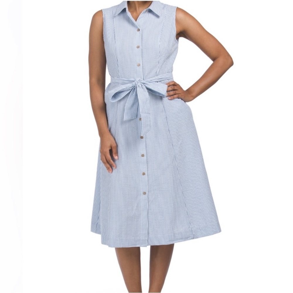 Anne Klein Seeksucker Blue & White Sleeveless Collared Shirt Dress WITH POCKETS!